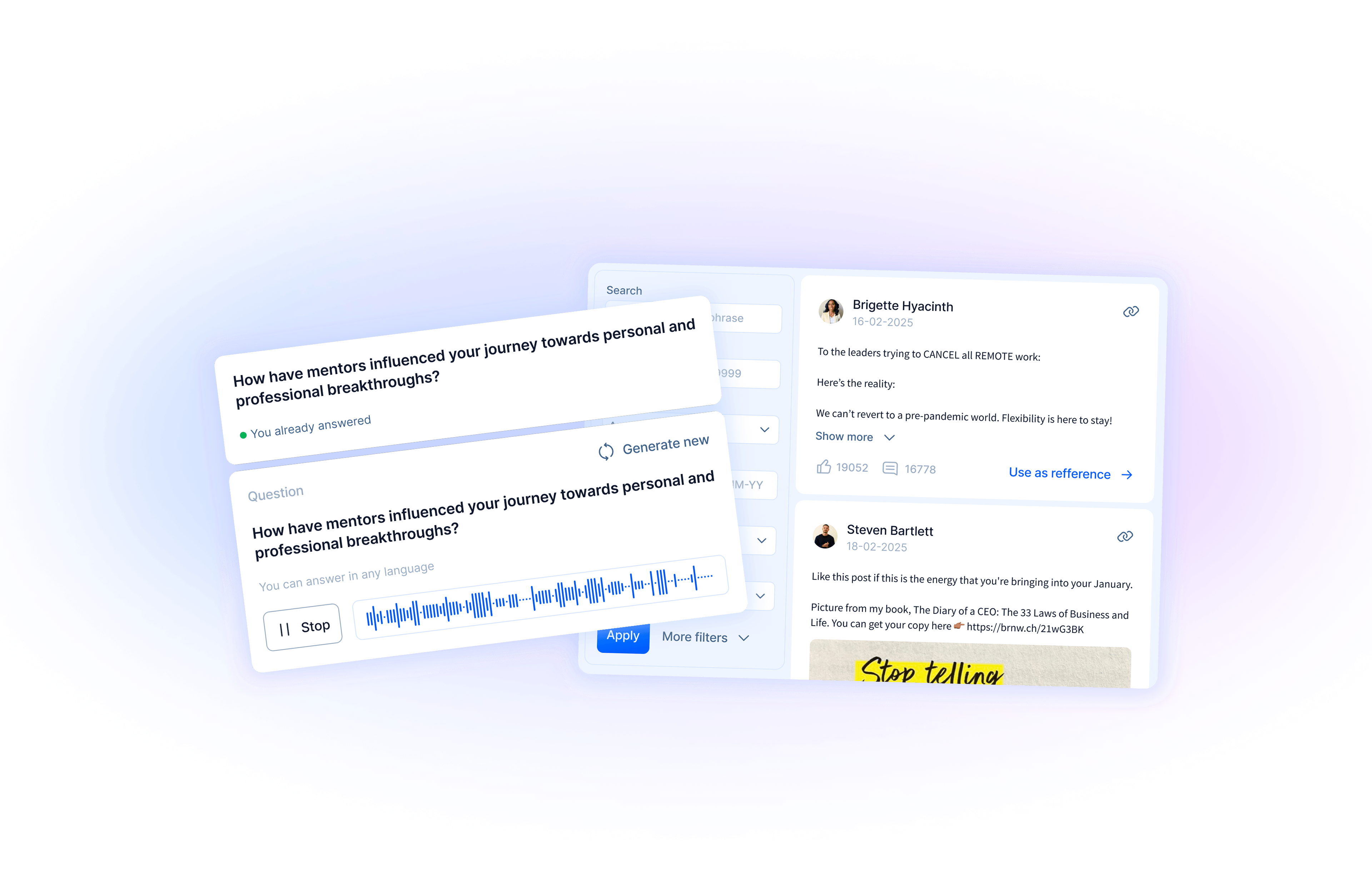 2PR.io Interface - AI Interview and LinkedIn Posts