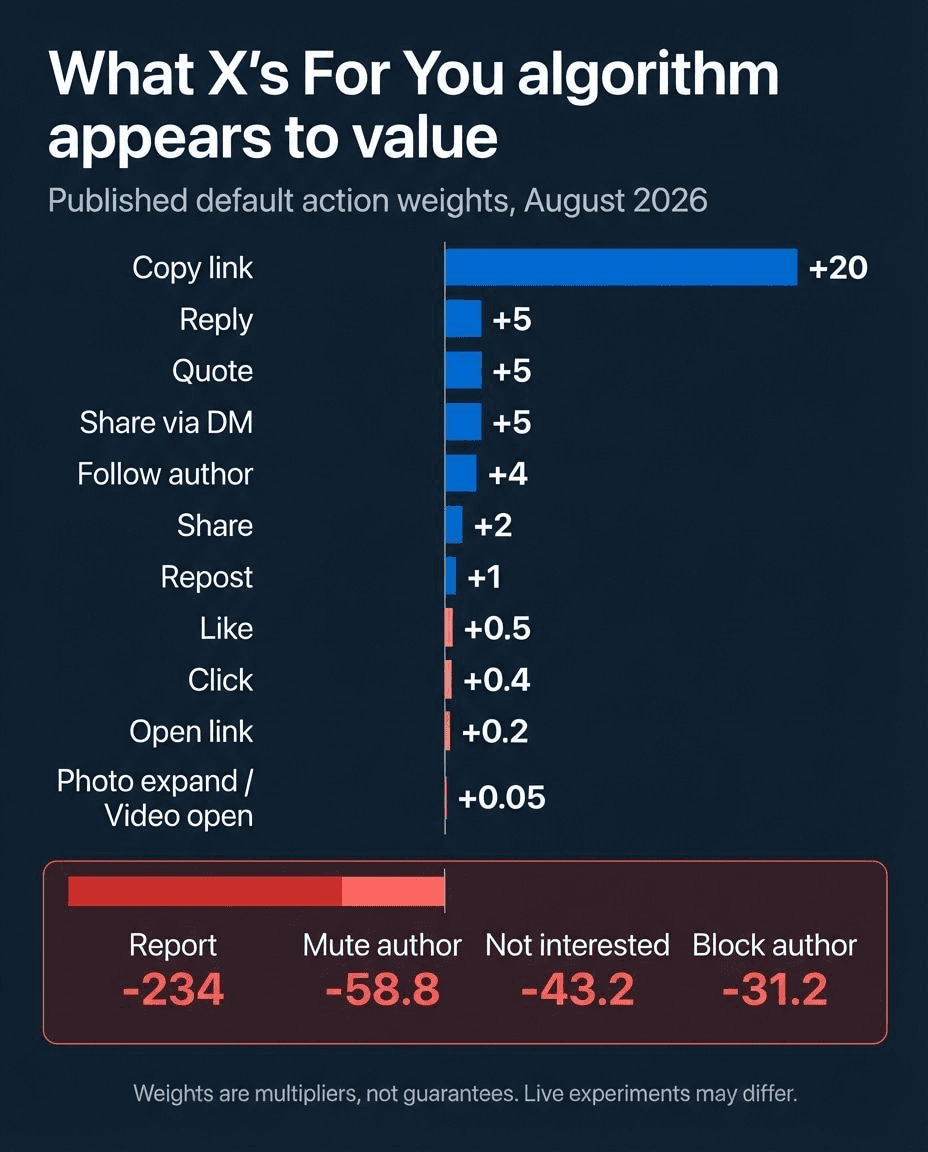 X algorithm scoring weights: how replies, reshares, and reports are valued