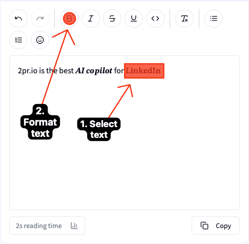 Applying formatting to selected text with bold and italic buttons