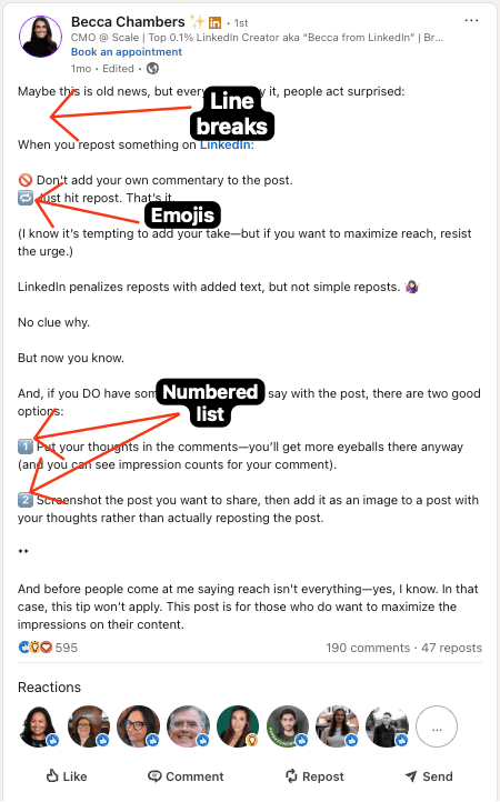 Example of a well-formatted LinkedIn post showing line breaks, emojis, and numbered list in action