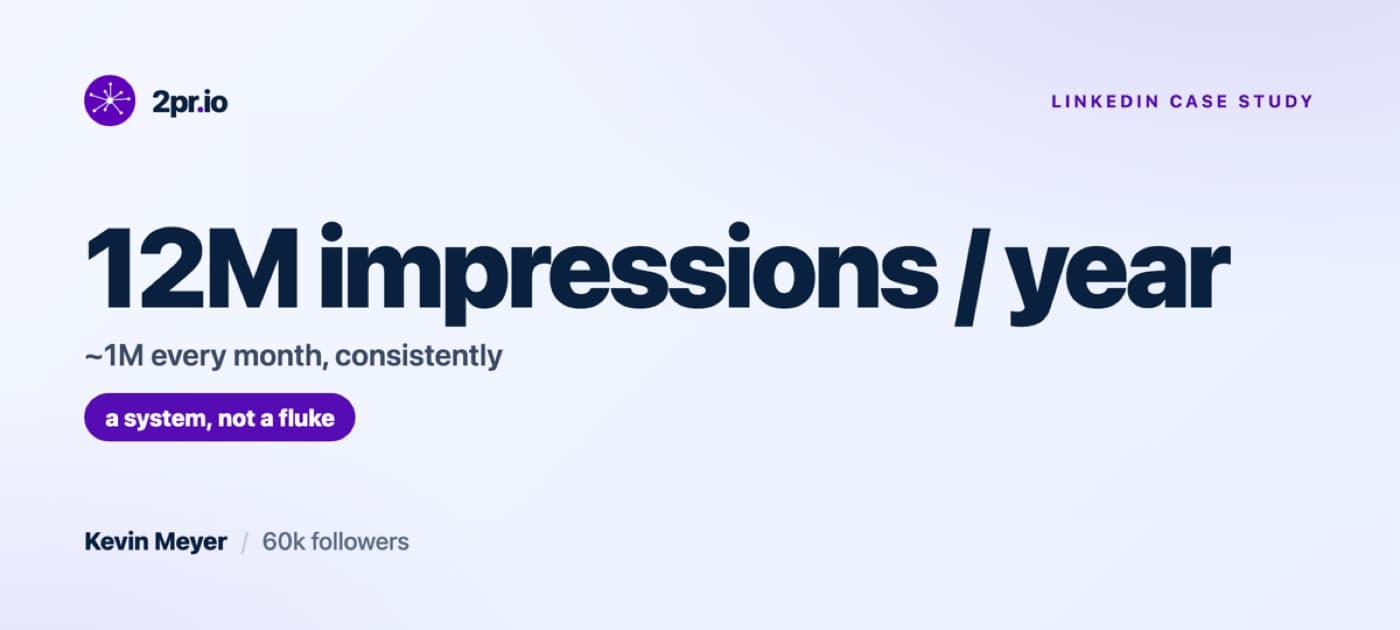 Kevin Meyer LinkedIn case study: around 1M impressions a month, 12M a year, with 60k followers