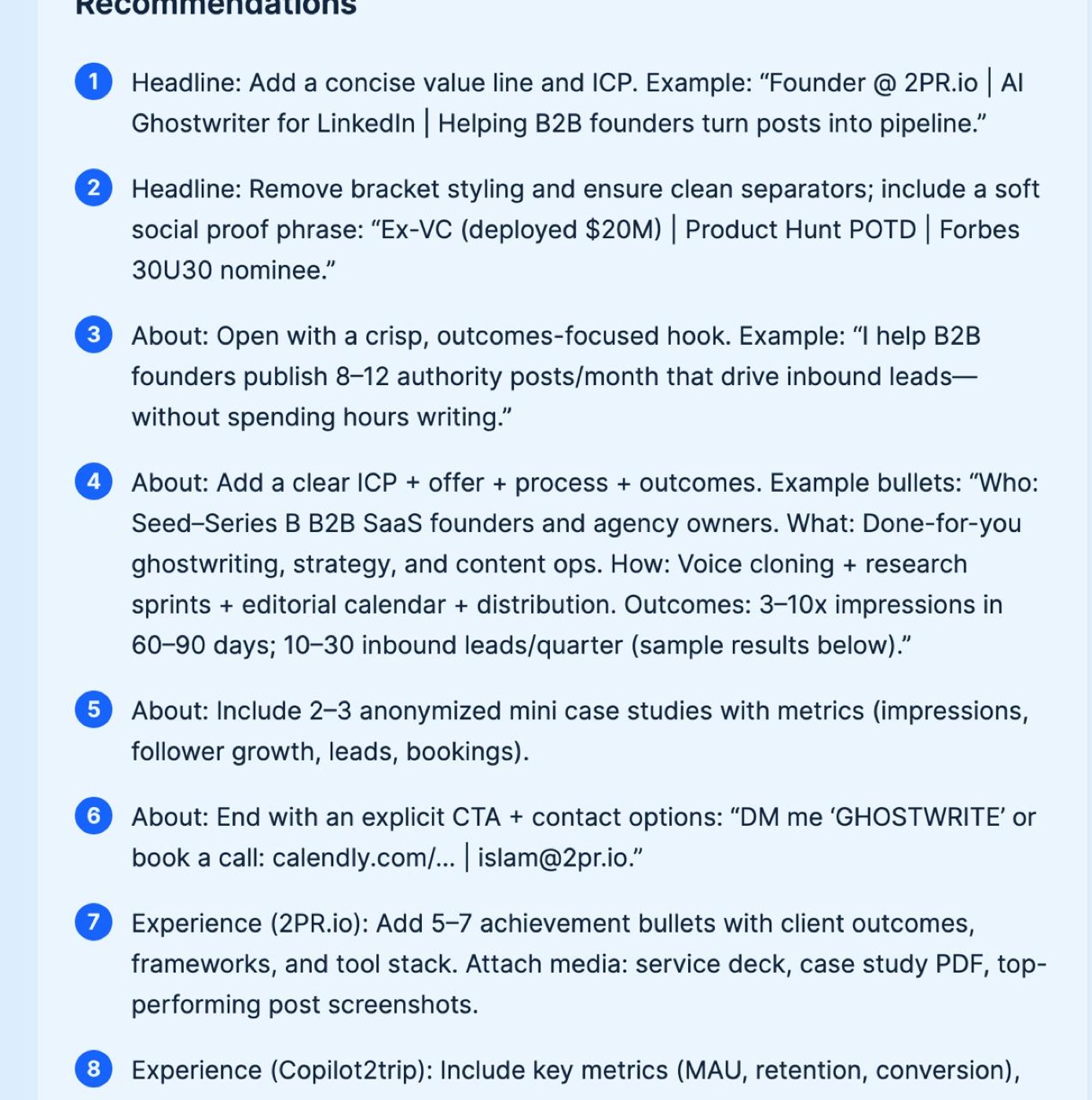 LinkedIn profile recommendations list