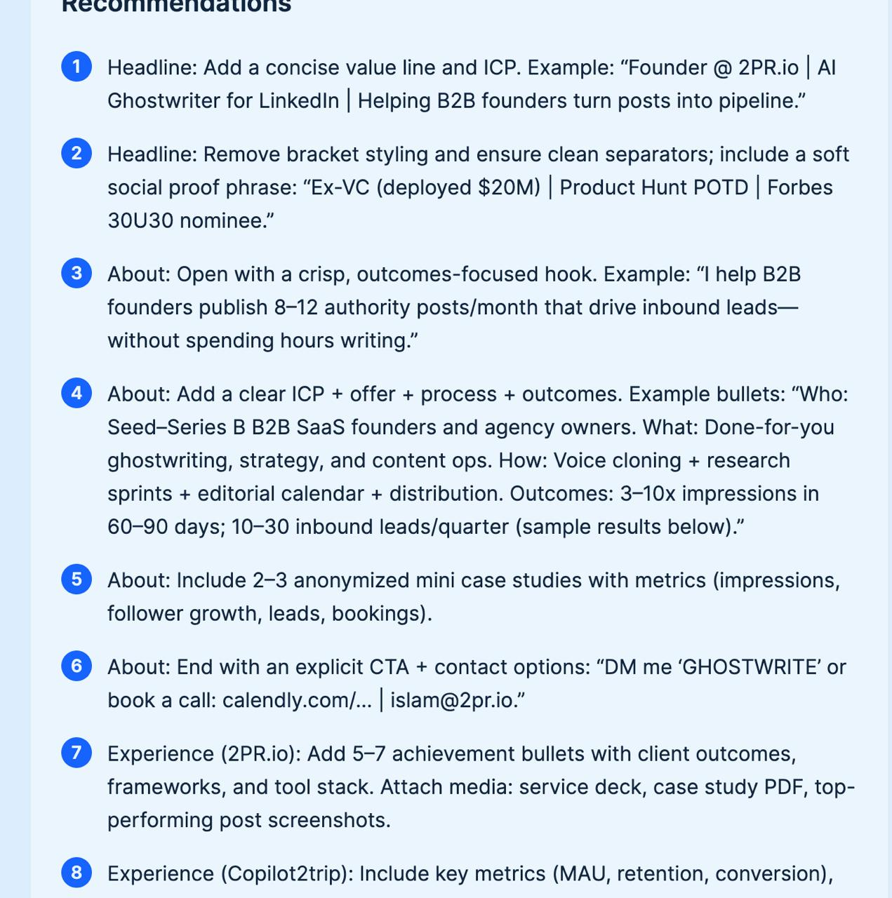LinkedIn profile recommendations list